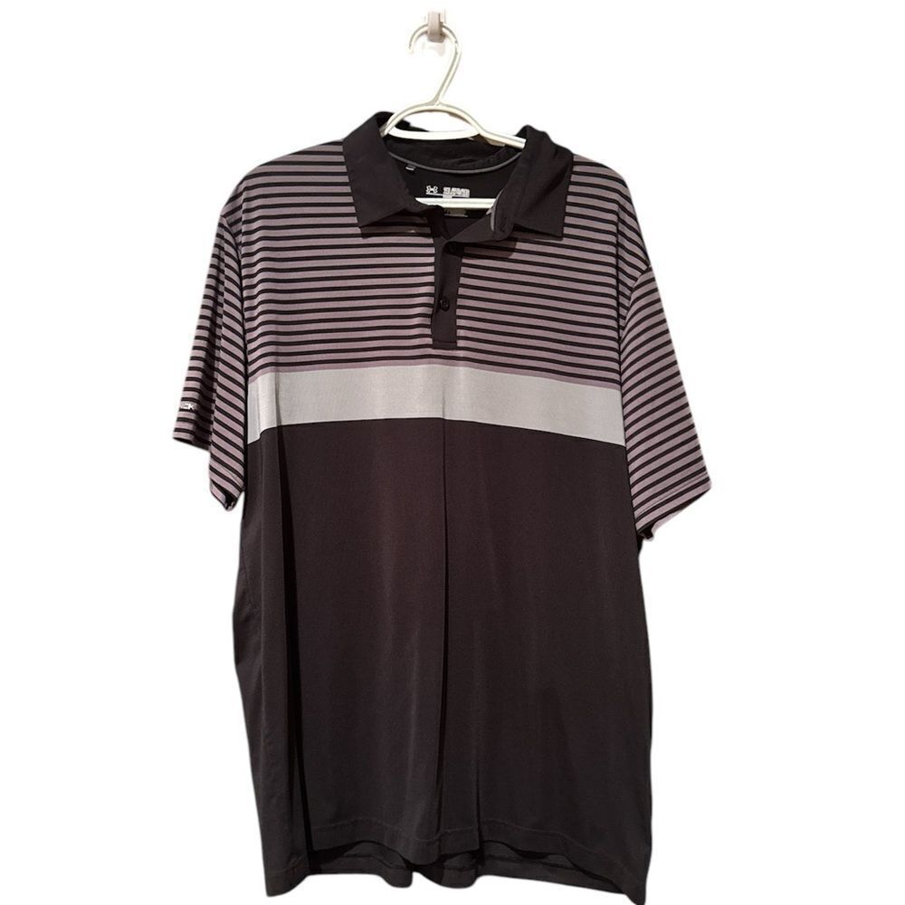 Under Armour 2 X Black and Gray Striped Men's Polo Shirt Short Sleeve